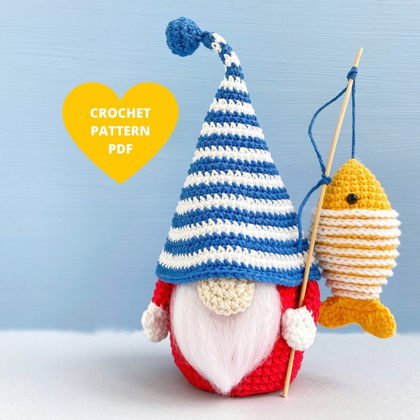 Patron de crochet gnome pêcheur, gnome drôle de marin, cadeau de fête des pères, tutoriel PDF gnome d'été