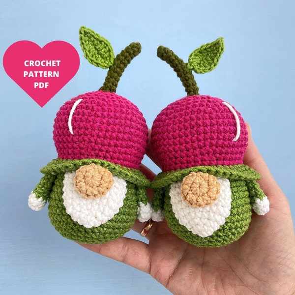 Cherry Gnome Crochet Pattern, Berry gnome pattern, Garden gnome, Cherry ornaments, crochet amigurumi fruit keychain