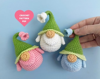 Crochet Pattern Flower Gnome, Bluebell garden gnome, crochet amigurumi flower pdf, spring ornaments, flower keychain