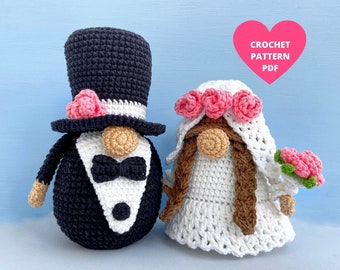 Wedding Gnomes Crochet Pattern, Couple Bride and Groom gnomes pdf, gnome de vacances, gnome amigurumi