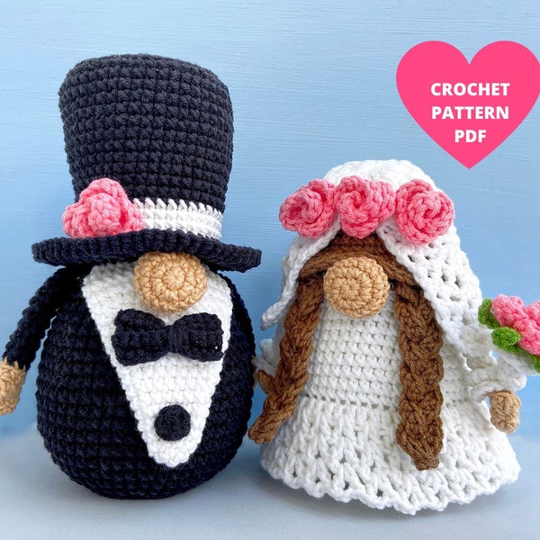 Wedding Gnomes Crochet Pattern, Couple Bride and Groom gnomes pdf, gnome de vacances, gnome amigurumi