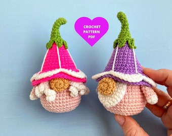 Crochet Pattern Flower Gnome, Petunia pattern, Garden gnome, Spring gnomes ornaments, crochet amigurumi flower keychain