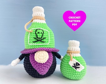 Padrão de crochê de gnomo de frasco de veneno de Halloween com chaveiro Frasco de veneno, pequena garrafa de crochê, decoração de gnomo de Halloween, gnomo de férias