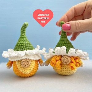 Crochet Pattern Flower Gnome, Daisy pattern, Easter gnome, Spring gnomes ornaments, garden gnome, crochet amigurumi flower keychain