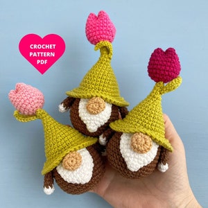 Crochet Pattern Flower Gnome, Tulip pattern, Easter gnome, Spring gnomes ornaments, garden gnome, crochet amigurumi flower keychain