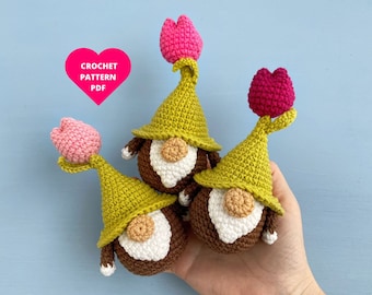 Crochet Pattern Flower Gnome, Tulip pattern, Easter gnome, Spring gnomes ornaments, garden gnome, crochet amigurumi flower keychain