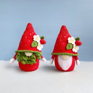 May include: Two crocheted gnomes with strawberry-shaped hats and white flower accents. The gnomes are red and green and have white beards.