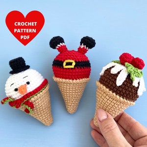 Crochet Pattern Christmas Ice-creams,  Snowman, Santa, Shamrock Winter decor, Christmas amigurumi keychain, Tree ornament pdf