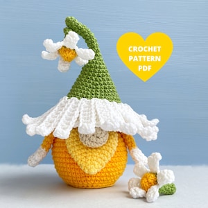 Modello all&#39;uncinetto Daisy Gnome, tutorial PDF Camomilla Spring Flower, gnomo da giardino, gnomo floreale