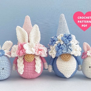 Modèle au crochet avec nains de Pâques, nains de fleurs, nains de lapin, tutoriel PDF de nains de jardin de printemps, panier de Pâques