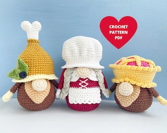 Thanksgiving Dinner Gnomes Crochet Pattern, Turkey leg pdf pattern, Mrs Pilgrim gnome, Pie Gnome, Holiday gnomes