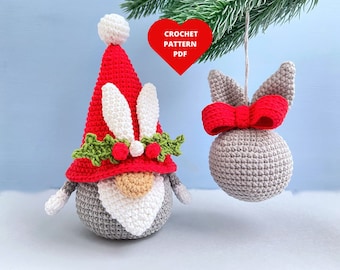 Christmas gnome Crochet Pattern, Bunny gnome, Christmas Tree ornament, Amigurumi bundle pattern, Christmas  decoration