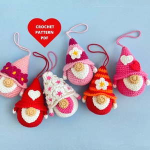 Crochet Pattern Easter Gnome, Crochet keychain amigurumi pattern, tiny gnome with flower and heart, spring gnomes