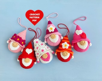 Crochet Pattern Easter Gnome, Crochet keychain amigurumi pattern, tiny gnome with flower and heart, spring gnomes