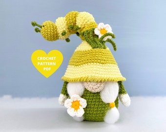 Caterpillar Gnome Crochet Pattern, garden gnome PDF tutorial, spring amigurumi pattern, holiday funny gnomes