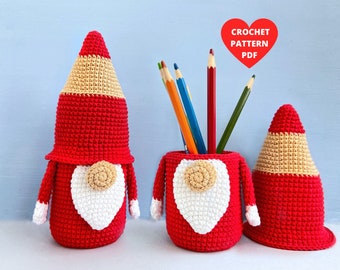 Schoolkabouter haakpatroon, penpotloodhouder, amigurumi organisator pdf-patroon, terug naar school haak, herfstkabouter