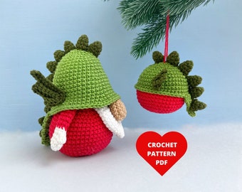 Dragon Gnome with Christmas Tree ornament Crochet Pattern, Amigurumi dragon pdf pattern, Holiday gnomes