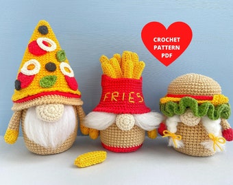 Fast Food Gnomes Crochet Pattern, Funny amigurumi play food, French Fries, Pizza, Hamburger