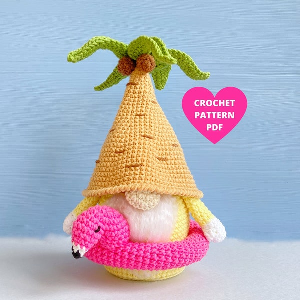 Crochet Pattern Palm Gnome,  Summer Vacation Gnome, funny  gnome with flamingo floating ring