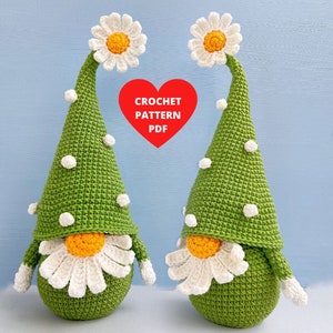 Daisy Gnome Crochet Pattern, Amigurumi flower pdf pattern, Spring garden gnome, Mother’s Day gnome