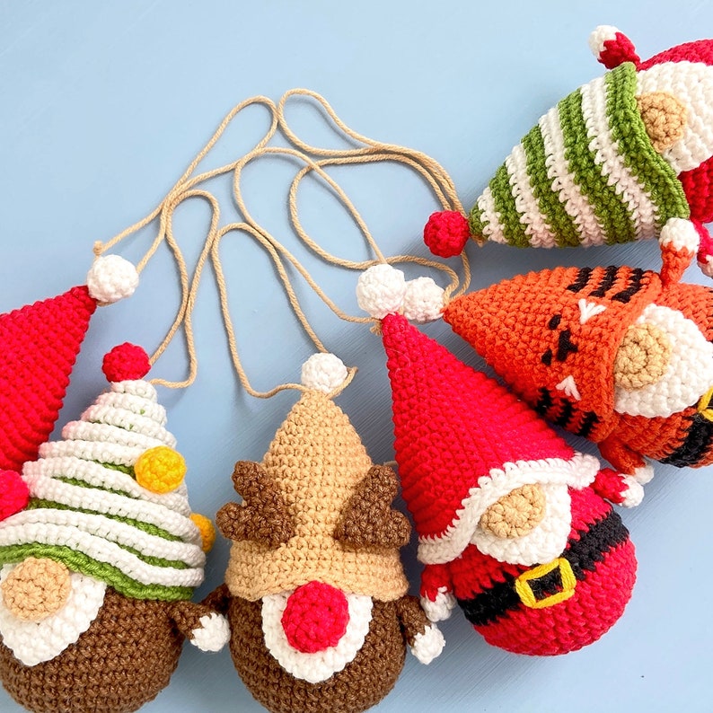 Christmas Ornaments tiny gnomes pattern, Christmas crochet garland, Holiday tiny gnomes ornaments, Tree gnome, Deer gnome, Santa gnome image 3