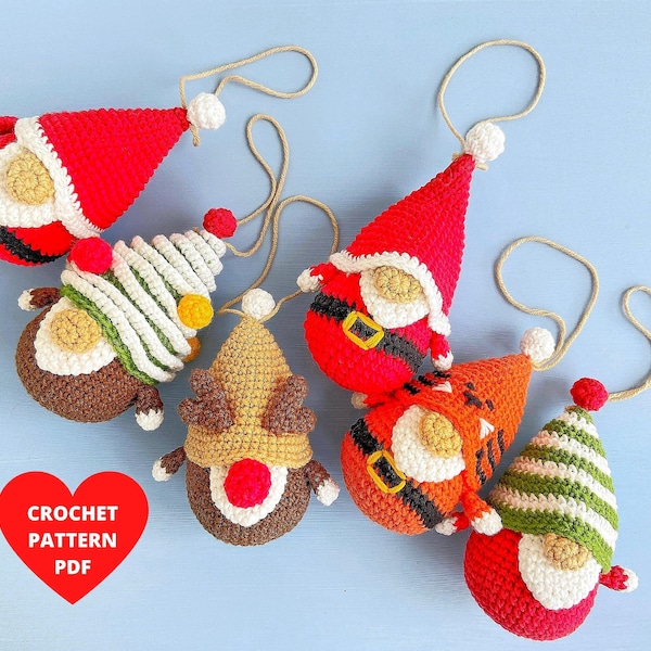 Ornements de Noël petit motif de gnomes, guirlande de Noël au crochet, ornements de vacances minuscules gnomes, gnome d'arbre, gnome de cerf, gnome de Santa