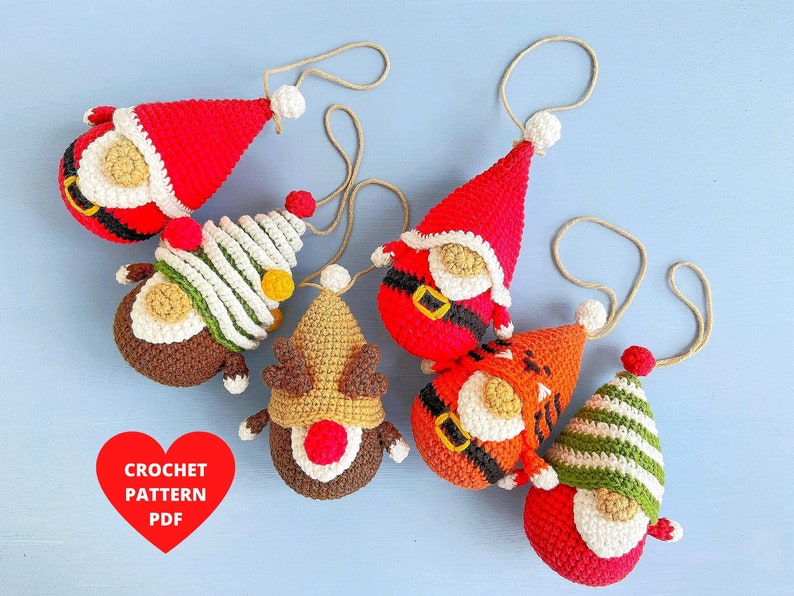 Christmas Ornaments tiny gnomes pattern, Christmas crochet garland, Holiday tiny gnomes ornaments, Tree gnome, Deer gnome, Santa gnome image 1