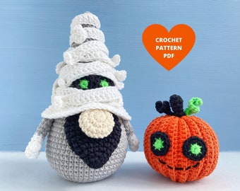 Halloween Mummy Gnome Crochet Pattern with crazy pumpkin, Halloween gnomes, Holiday gnomes, Thanksgiving gnomes, Fall decor