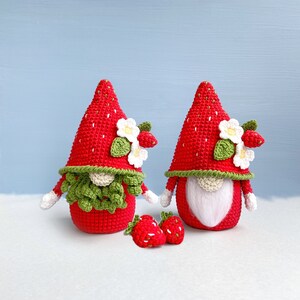 May include: Two crocheted strawberry gnomes with white flowers and green leaves. The gnomes are wearing red and white hats and have white beards. There are also four small crocheted strawberries in front of the gnomes.