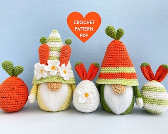 Crochet Pattern Easter Gnomes Carrot and Bunny, Easter basket, Spring gnome pdf, Easter eggs