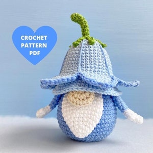 Bluebell Gnome Crochet Pattern, Spring garden Flower PDF tutorial, Garden gnome,