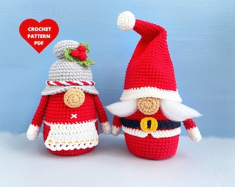 May include: A crochet pattern for a pair of gnomes, one dressed in red and white and the other in gray and white. The pattern is available as a PDF download.