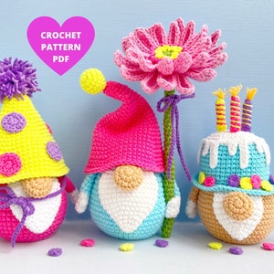 Birthday Party Gnome Patterns, Happy Birthday Bento Cake, Flower gnome Gerbera, amigurumi pdf pattern, holiday gnomes, party decor