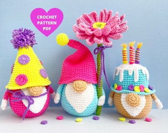 Birthday Party Gnome Patterns, Happy Birthday Bento Cake, Flower gnome Gerbera, amigurumi pdf pattern, holiday gnomes, party decor