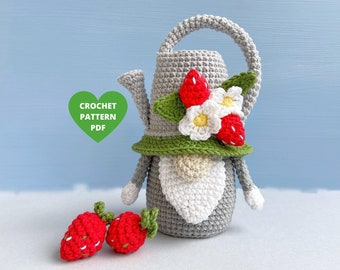 Modello all'uncinetto Gnomo annaffiatoio, tutorial PDF sullo gnomo da giardino, modello amigurumi primaverile, gnomi delle vacanze