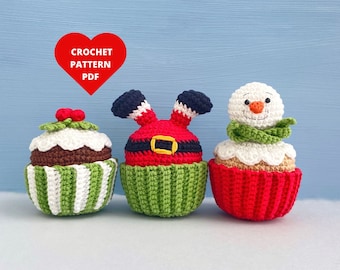 Crochet Pattern Christmas Cupcake,  Snowman, Santa, Shamrock Winter decor, Christmas amigurumi, Holiday home decoration