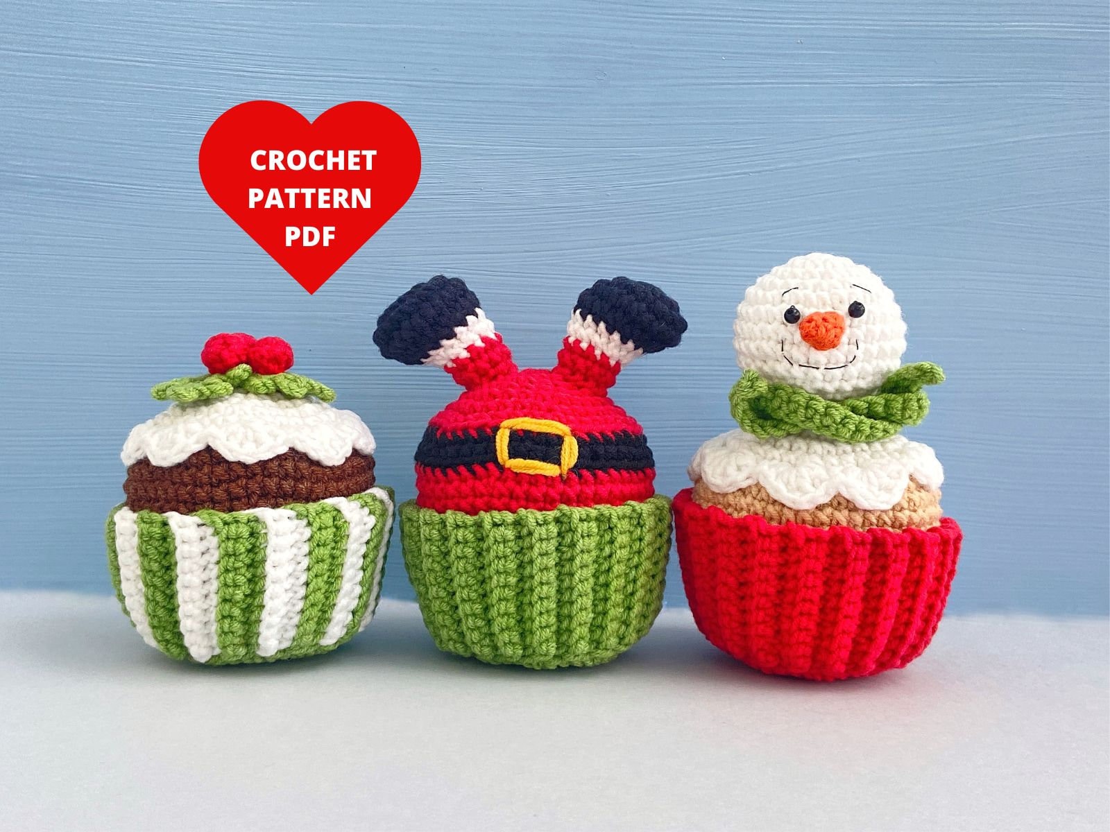 Crochet Pattern Christmas Cupcake,  Snowman, Santa, Shamrock Winter decor, Christmas amigurumi, Holiday home decoration
