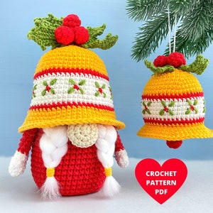 Christmas Bell Gnome with Tree ornament Crochet Pattern, Holiday gnome pattern PDF