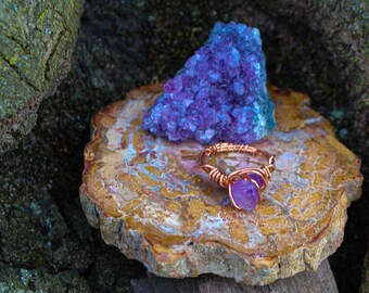Copper Wire Crystal Rings, Amethyst Ring, Gemstone Jewelry