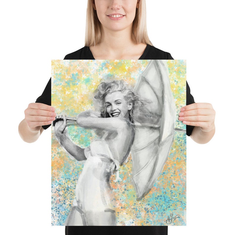 May include: A black and white illustration of a woman holding a white umbrella. The background is a yellow, blue, and green watercolour splatter.
