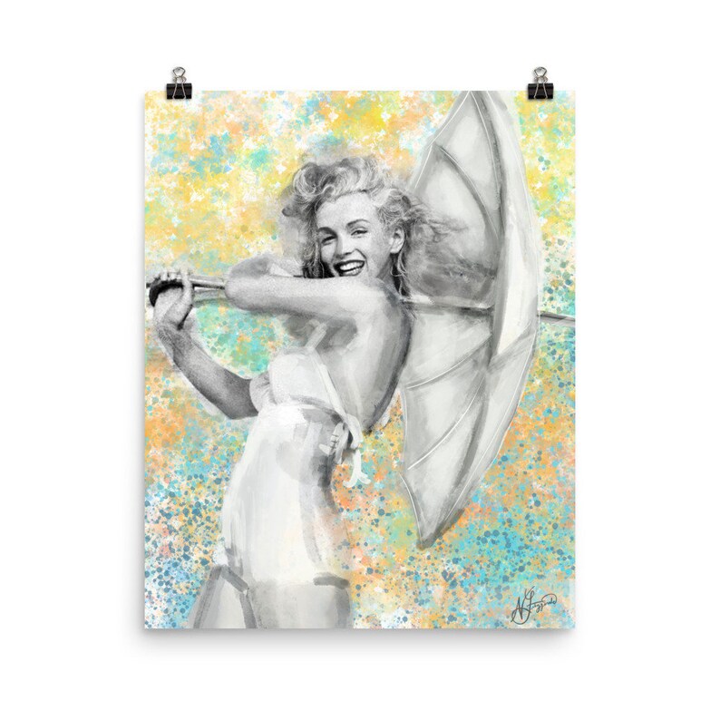May include: A black and white illustration of a woman holding a white umbrella. The background is a yellow, blue, and green watercolour splatter.