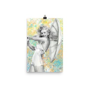 May include: Black and white illustration of a woman holding a white umbrella. The background is a yellow, blue, and green watercolour splatter.