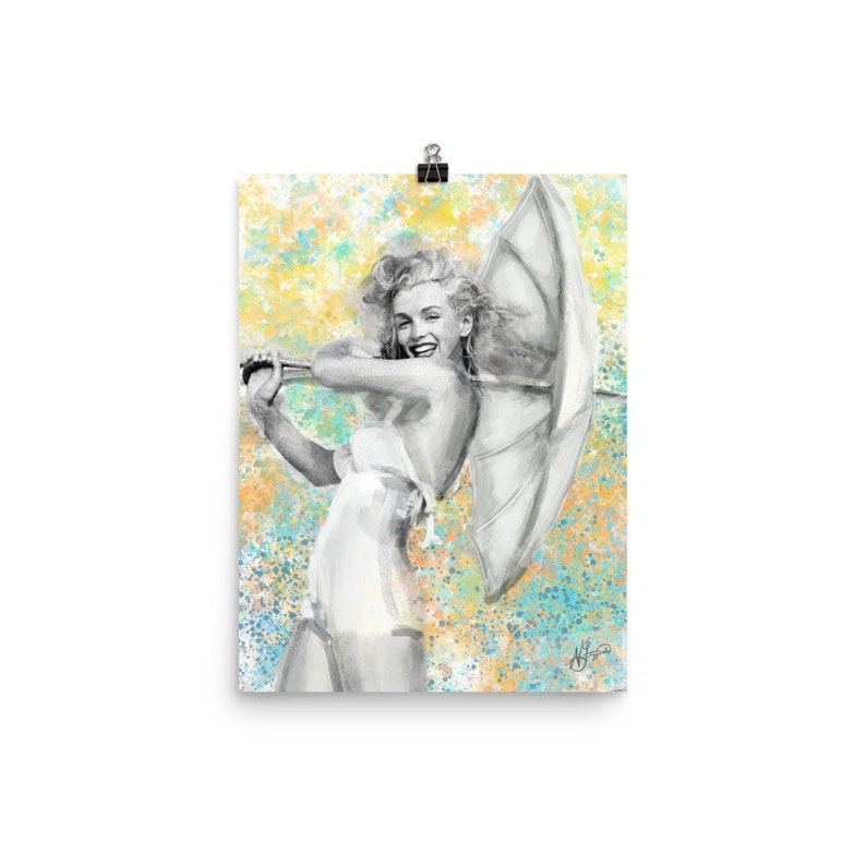 May include: A black and white illustration of a woman holding a white umbrella. The background is a yellow and blue watercolour splatter pattern.