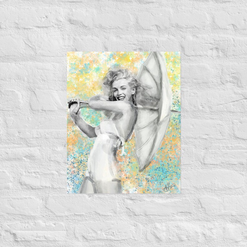 May include: A black and white illustration of a woman holding a white umbrella. The background is a yellow, blue, and green watercolour wash.