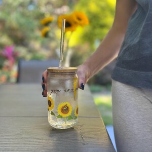 16 oz Sunflower sipper glass with bamboo lid and glass straw, with an inspiring uplifting message &quot;you are enough&quot;. Great for travel!