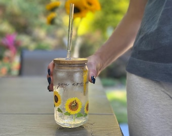 16 oz Sunflower sipper glass with bamboo lid and glass straw, with an inspiring uplifting message &quot;you are enough&quot;. Great for travel!