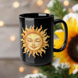 Caneca Celestial Sun Face - Xícara de café preta, 15oz - Copos Boho exclusivos, decoração de cozinha, presente de astronomia, design de sol e lua, celestial