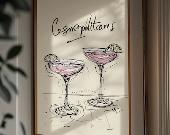 Cosmopolitan line art drawing poster print, Modern Wall Art Decor, Bar Cart Decor, Cocktail Art Prints, Kitchen Wall Decor
