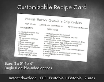 Customizable Recipe Card |  Minimalist Editable .PDF | Printable Instant Download | 3 x 5" and 4 x 6" options with front & back sides