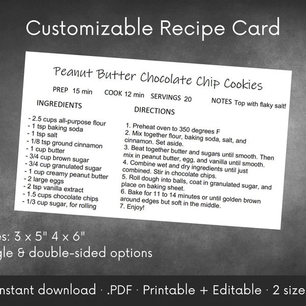 Customizable Recipe Card |  Minimalist Editable .PDF | Printable Instant Download | 3 x 5" and 4 x 6" options with front & back sides